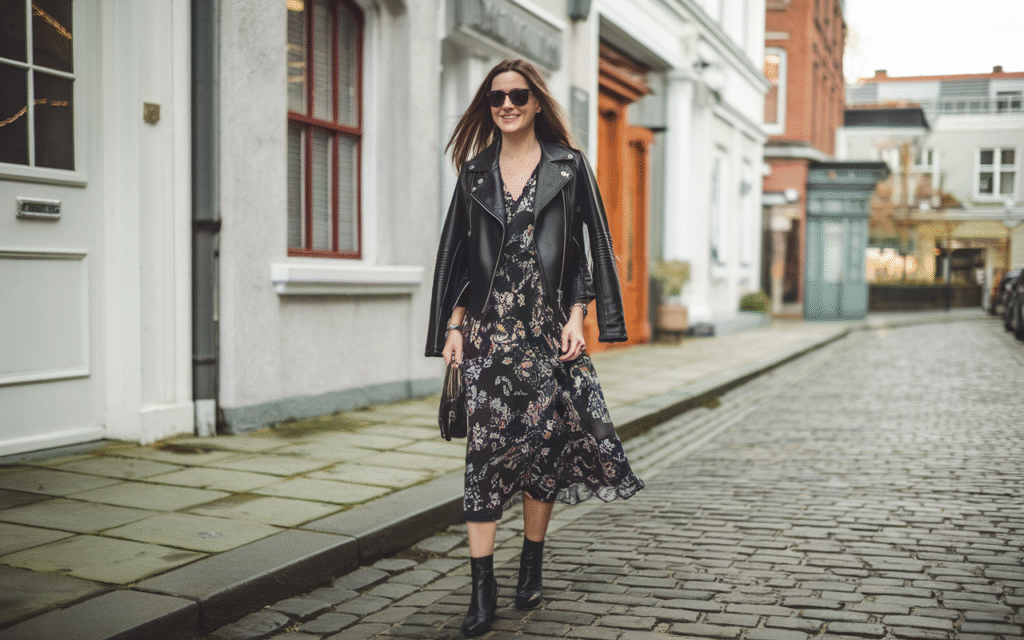 Leather Jacket + Floral Dress