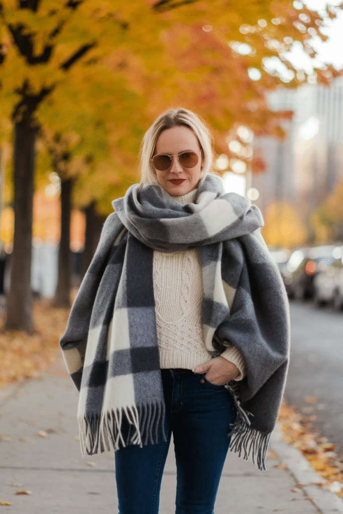 Oversized Scarf + Jeans + Sweater