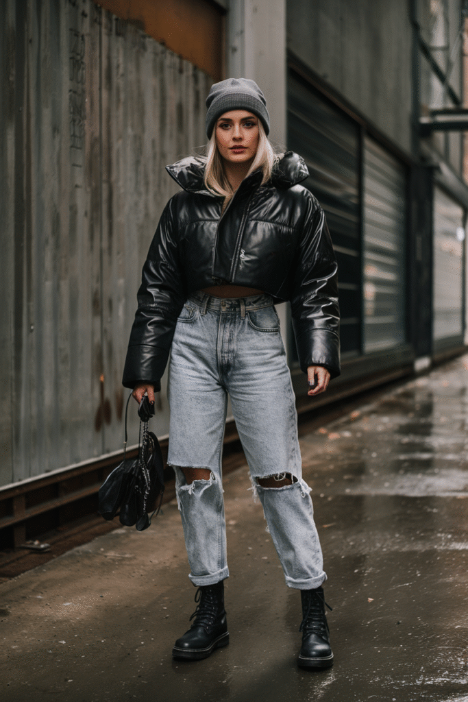 Cropped Puffer Jacket + High-Waisted Jeans