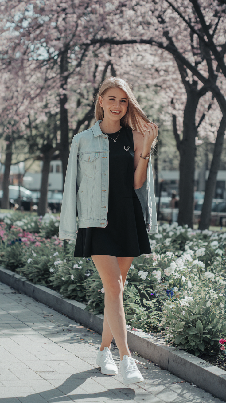 LBD + Denim Jacket + White Sneakers