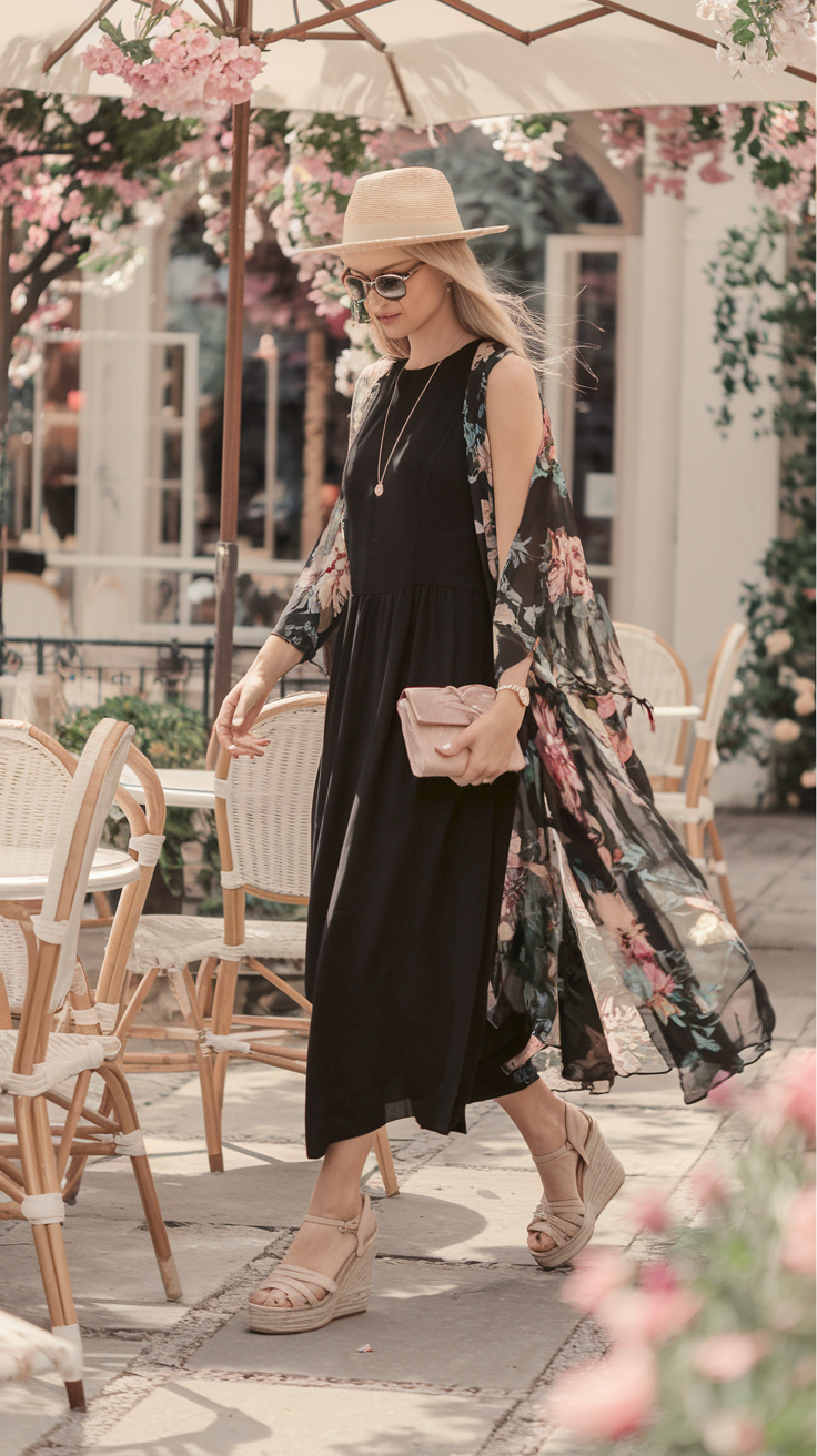 LBD + Floral Kimono + Wedges