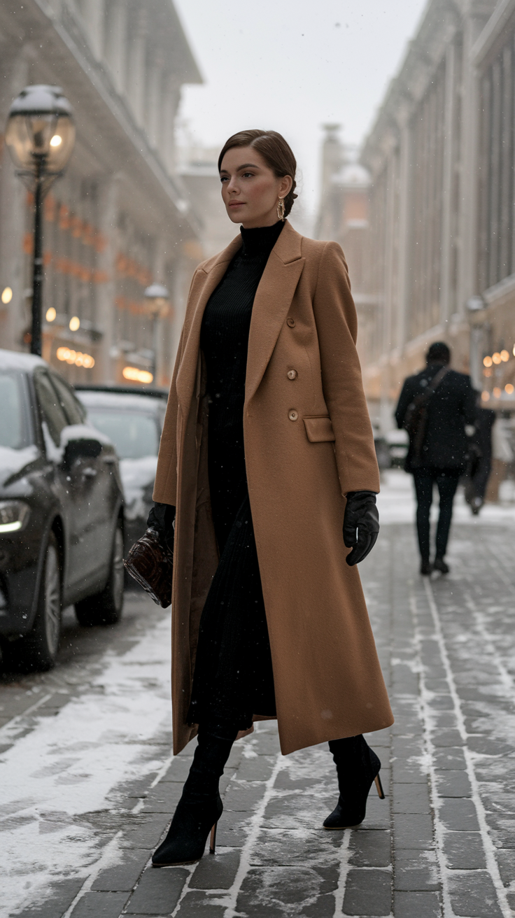 LBD + Long Coat + Heeled Boots