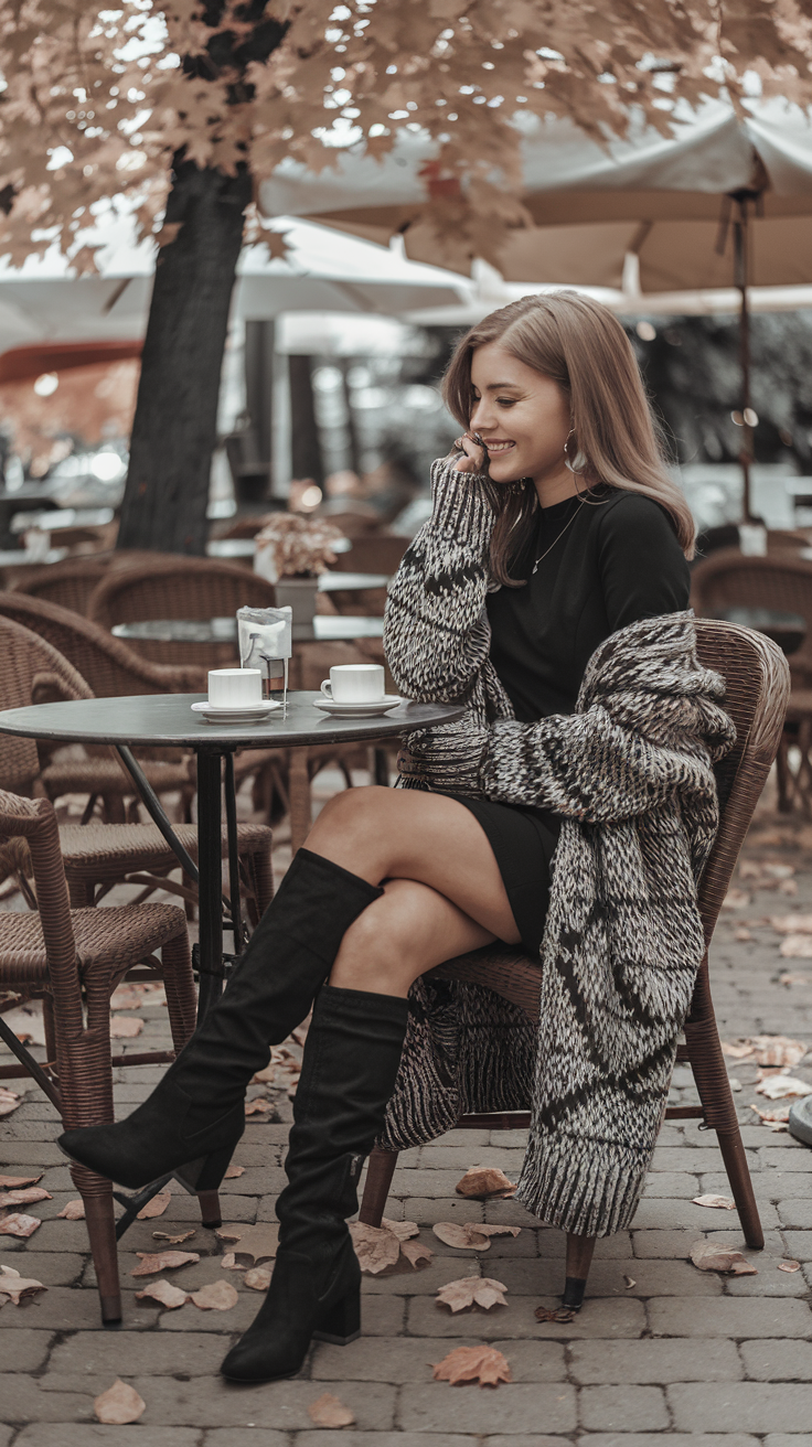 LBD + Oversized Cardigan + Knee-High Boots