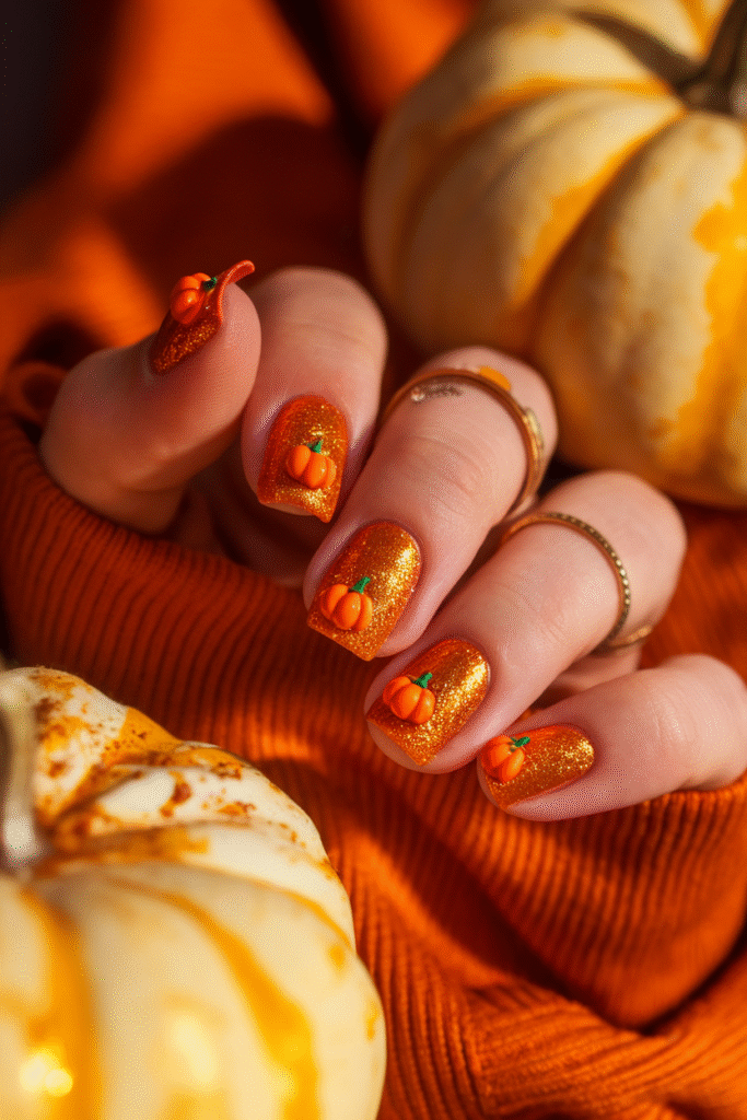 Glittery Pumpkin Nails