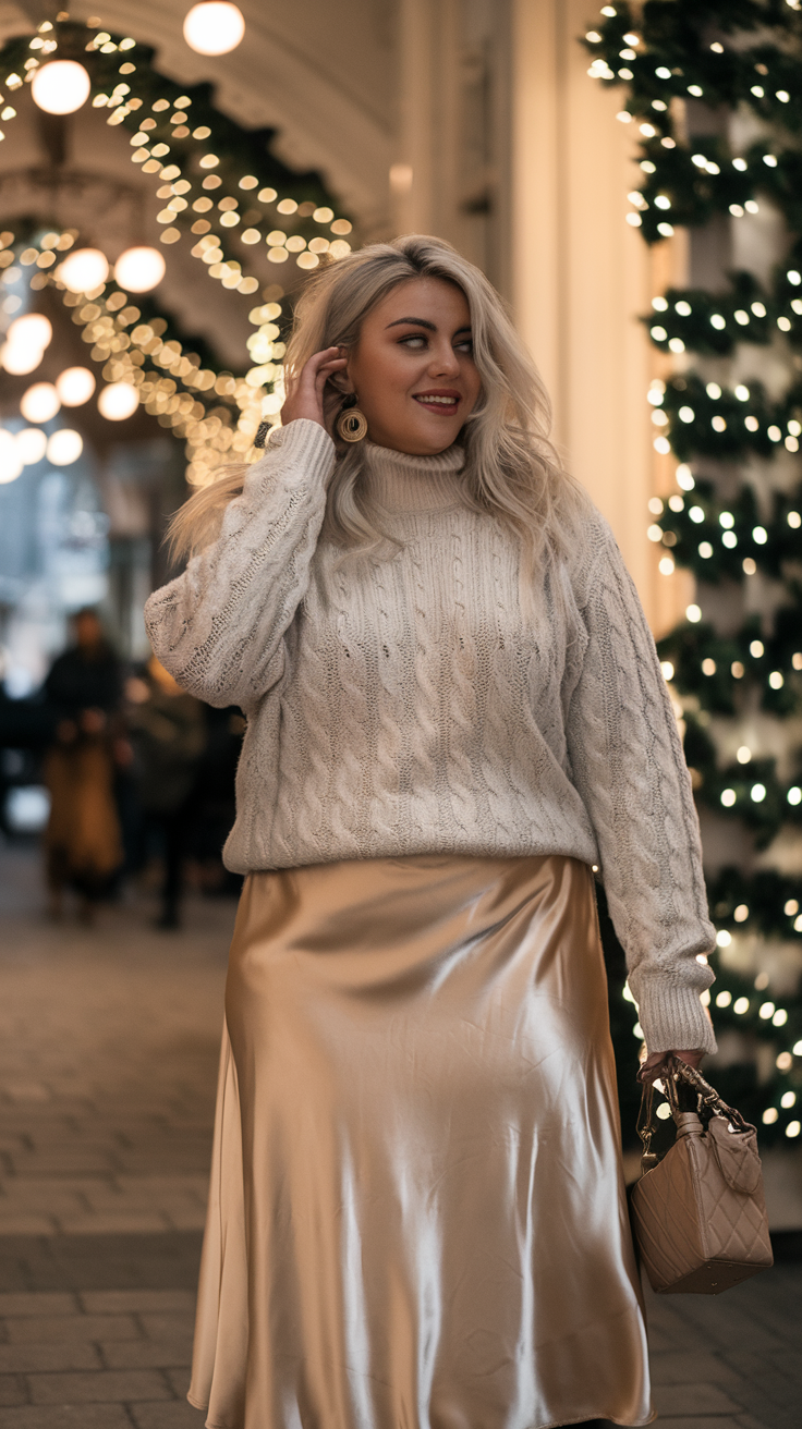 Cable-Knit Sweater + Satin Midi Skirt