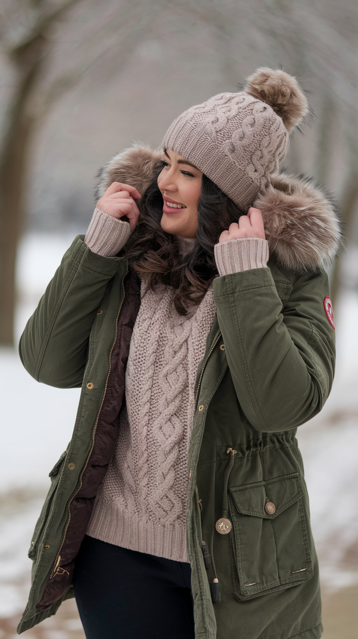 Parka Jacket + Cable-Knit Beanie