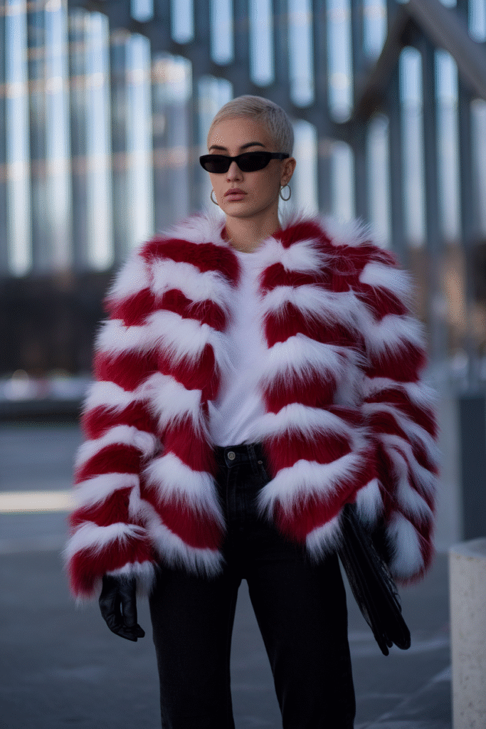 Faux-Fur Jacket + Basic Tee + Black Jeans