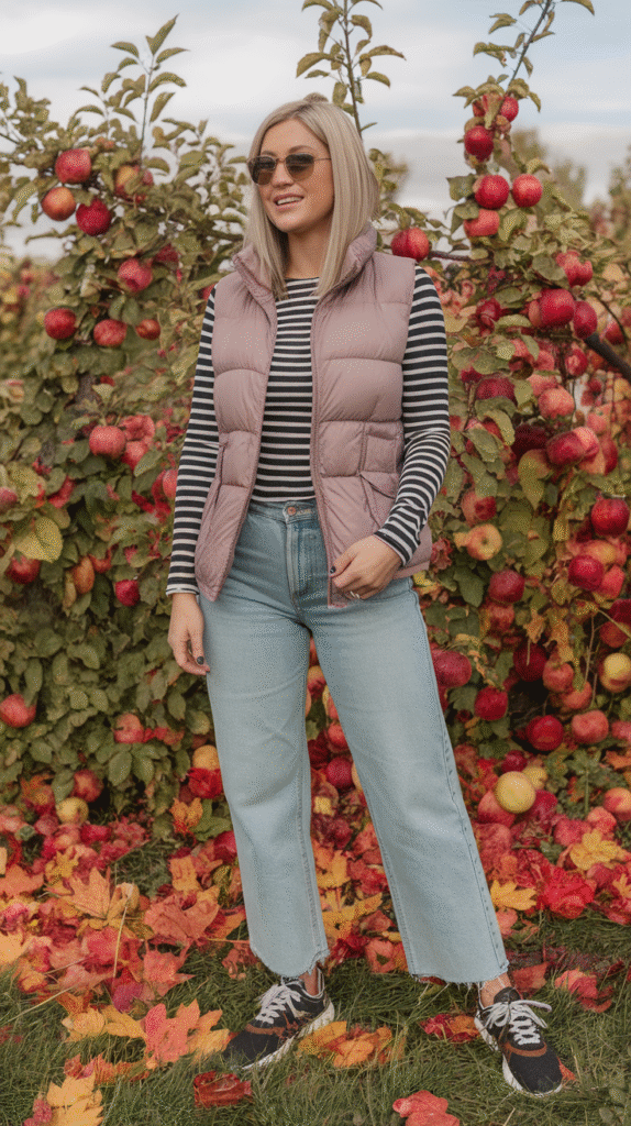 Puffer Vest + Long-Sleeve Tee + Jeans