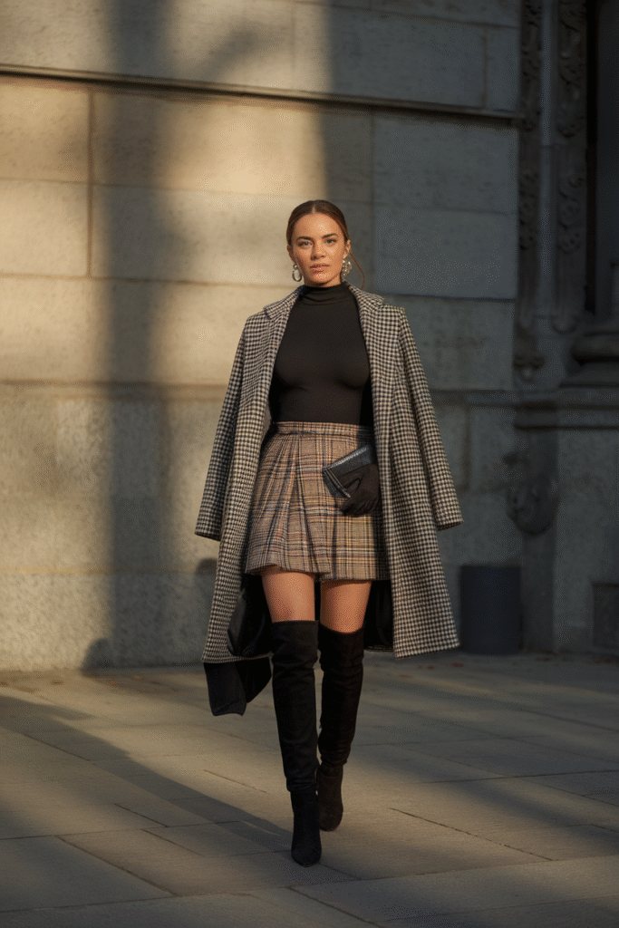 Black Turtleneck + Plaid Mini Skirt