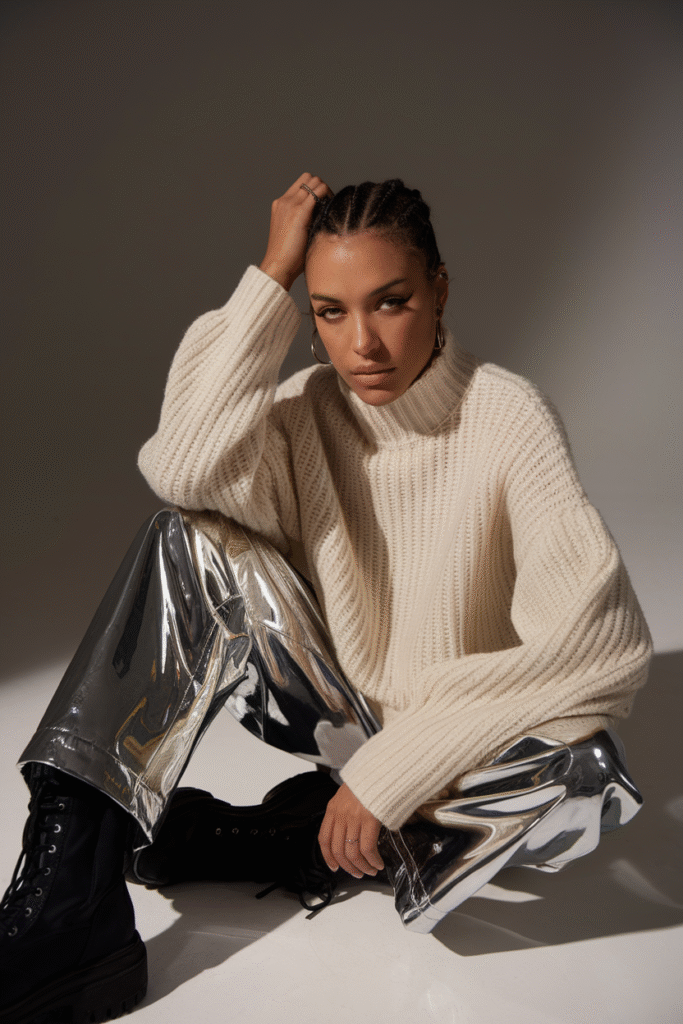 Metallic Pants + Cozy Knit