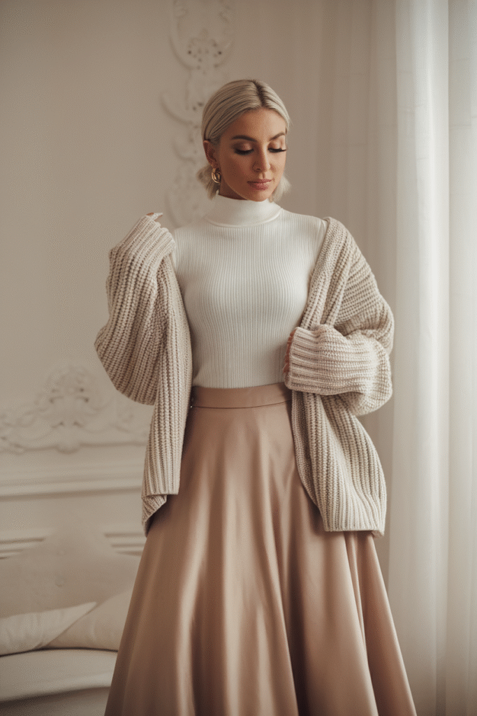 Fitted Turtleneck + Flowy Midi Skirt