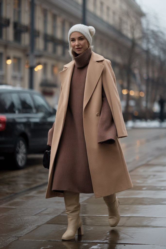 Trench Coat (Lined) + Sweater Dress + Knee Boots
