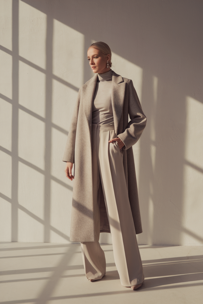 Wool Coat + Turtleneck + Wide-Leg Trousers
