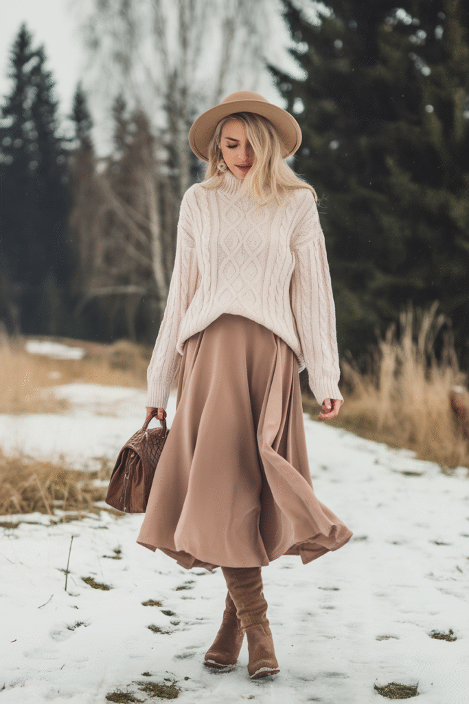 Cable-Knit Sweater + Midi Skirt + Tall Boots
