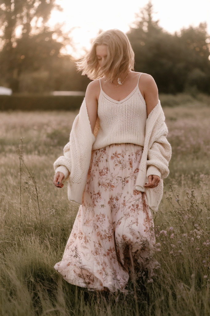 Cardigan + Knit Tank + Flowy Skirt