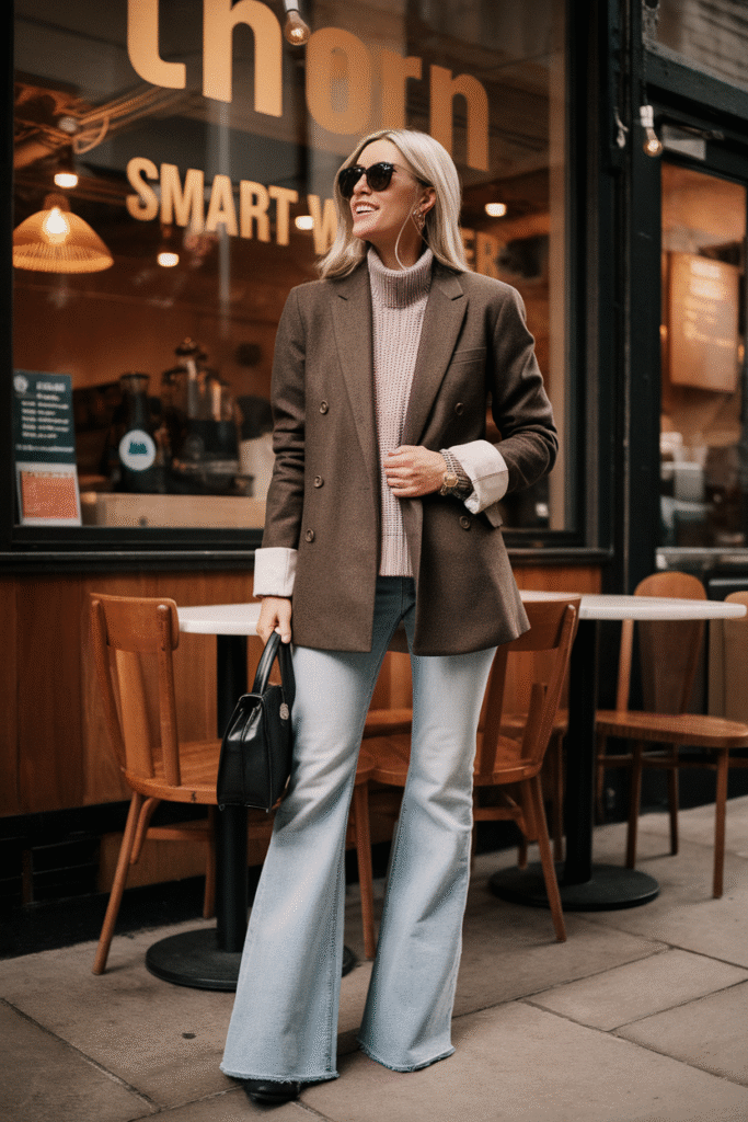 Wool Blazer + Knit Top + Flared Jeans