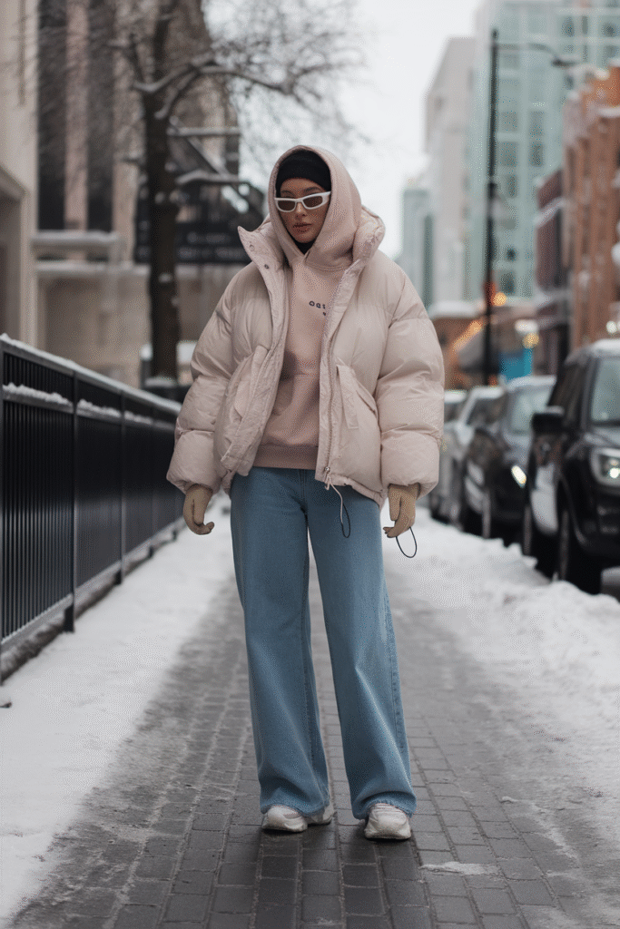 Puffer Jacket + Chunky Hoodie + Straight-Leg Jeans