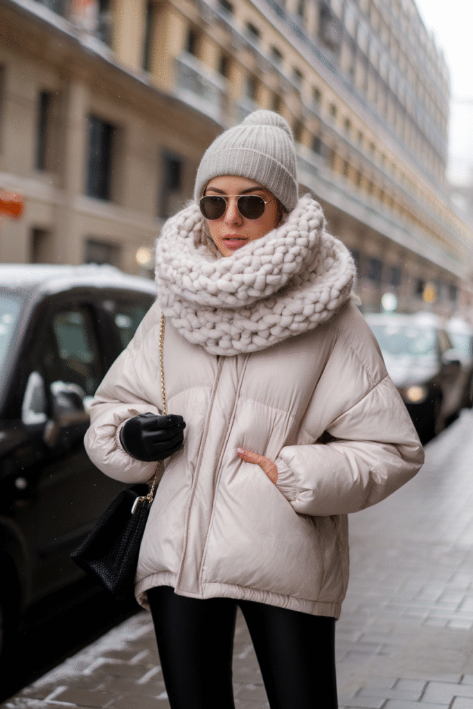 Puffer Jacket + Leggings + Chunky Scarf