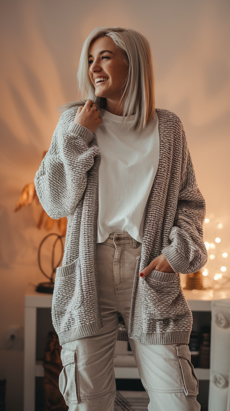 Chunky Cardigan + White Tee + Cargo Pants