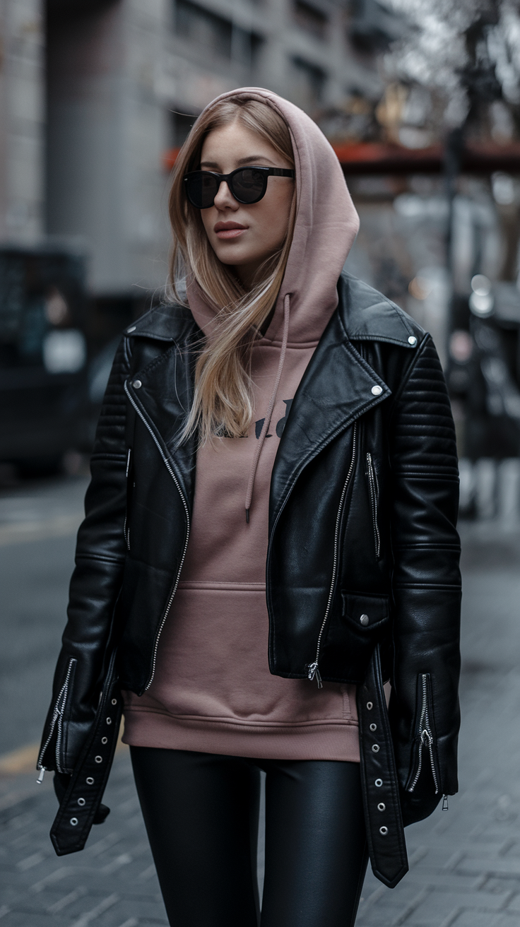 Leather Jacket + Hoodie + Black Leggings