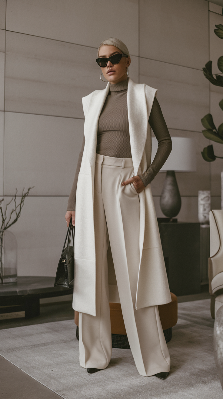 Longline Vest + Thermal Turtleneck + Tailored Trousers