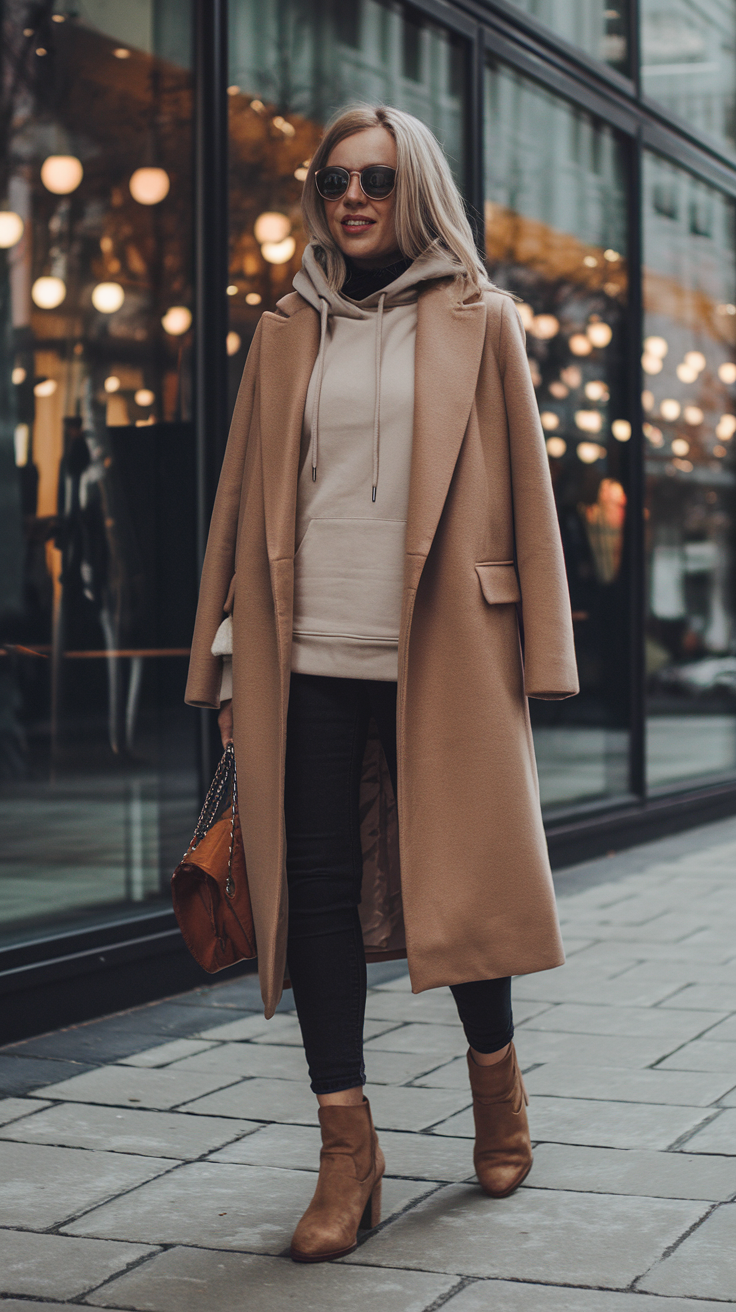 Neutral Hoodie + Camel Coat + Ankle Boots