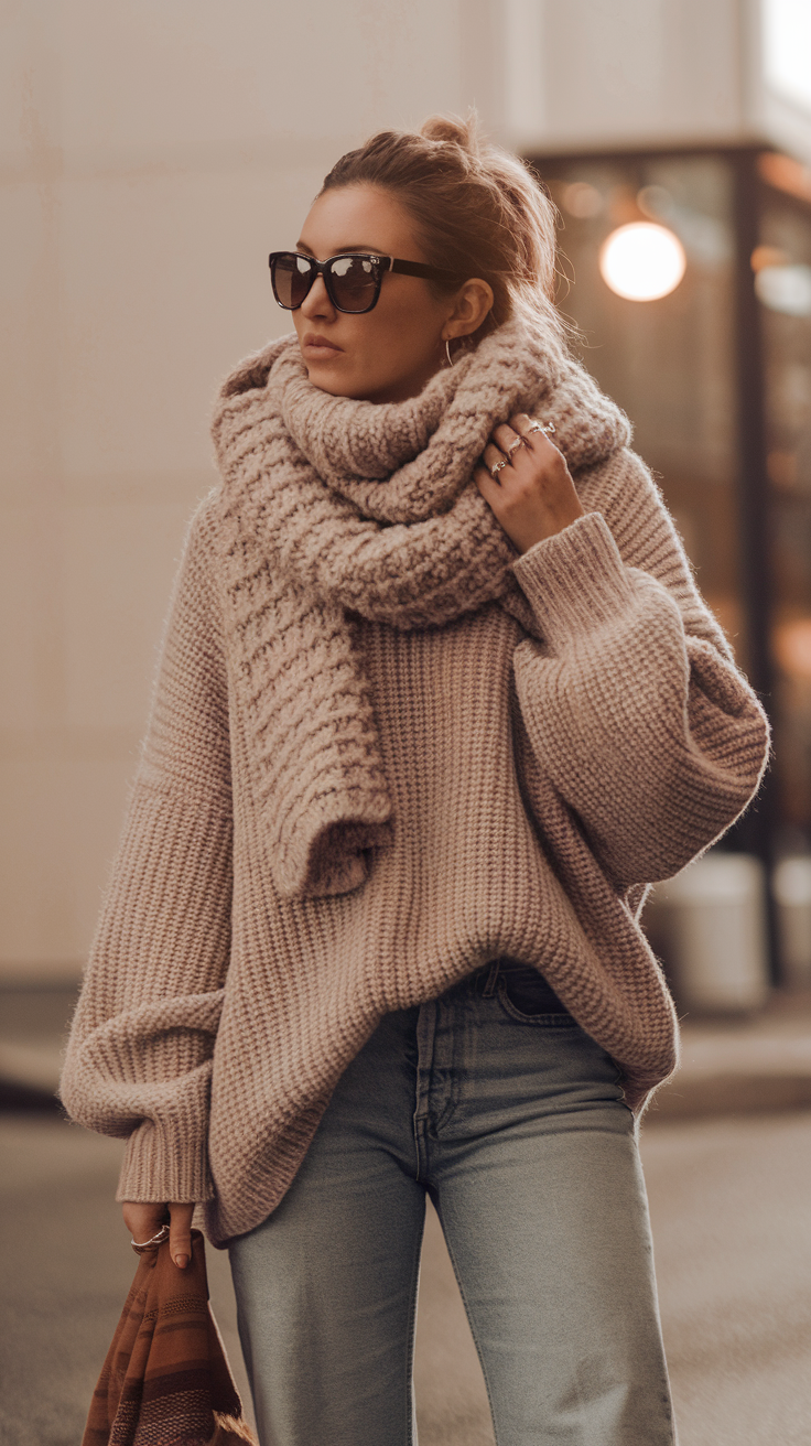 Oversized Sweater + Straight-Leg Jeans + Chunky Scarf