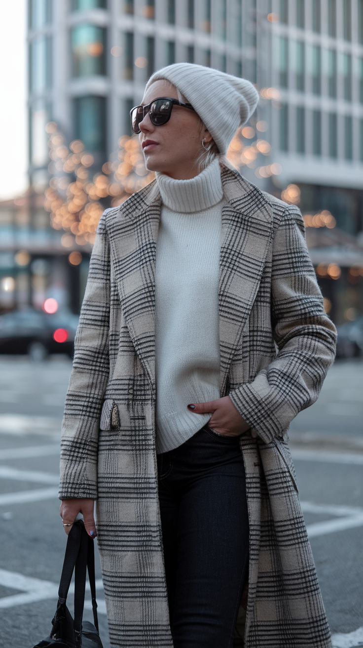 Plaid Coat + Neutral Sweater + Dark Denim