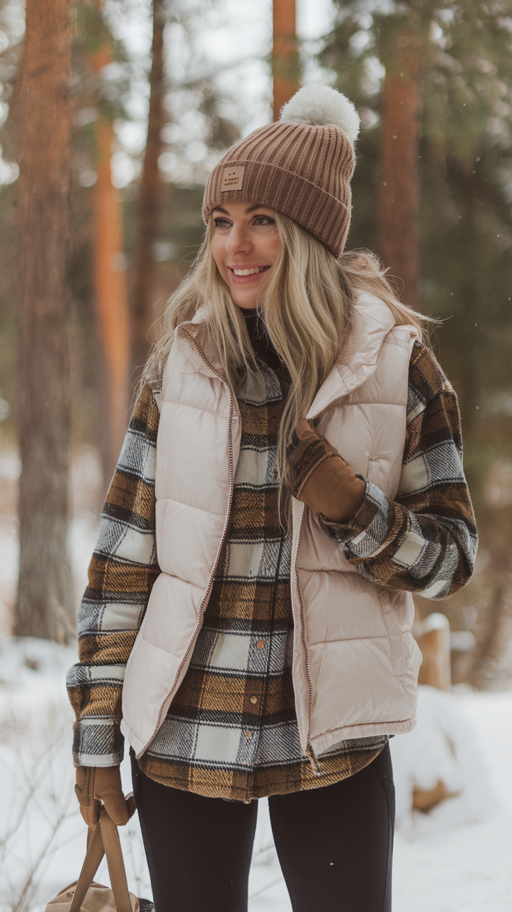 Puffer Vest + Flannel Shirt + Thermal Leggings