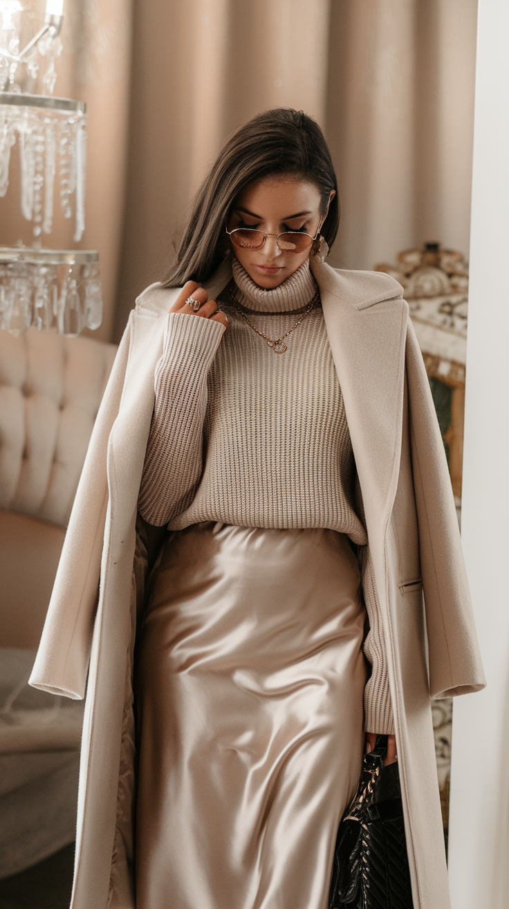 Satin Skirt + Fitted Knit + Long Coat