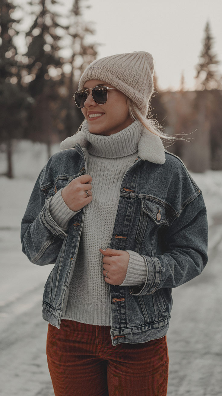Turtleneck + Denim Jacket + Corduroy Pants