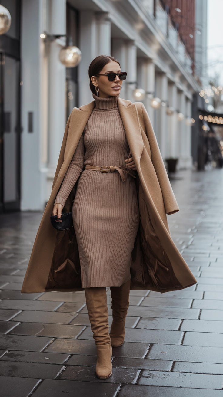 Turtleneck Dress + Knee Boots + Belted Coat