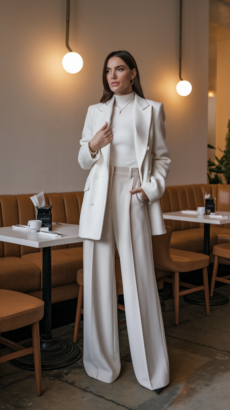 Wool Blazer + Knit Top + Wide-Leg Trousers